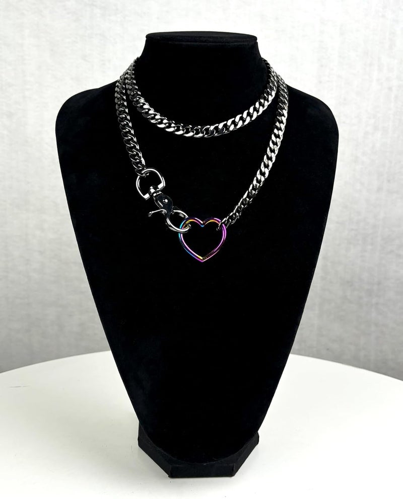 paloli Women's Slip Chain Rainbow Heart O-Ring Chunky Chain Necklace, Rays Cuban Long Layered Jewelry, Adjustable Lariat Y-Necklace Heart Loop Choker - Image 2